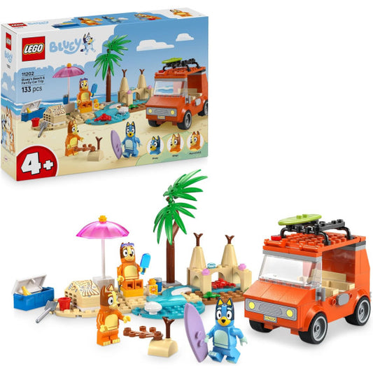 Lego Bluey - Vacanza sulla spiaggia della famiglia di Bluey - Lego 11202 Bingo e Chilli, 2 Surf, Castello Sabbia 133pz Anni 4+