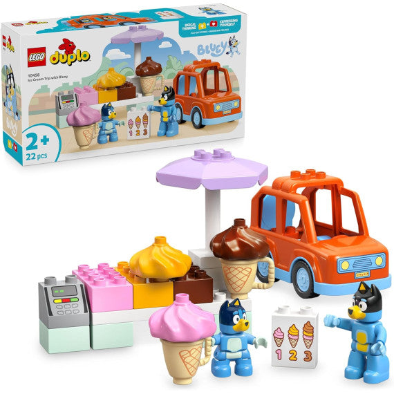 Lego Duplo Bluey - Visita alla gelateria di Bluey - Lego 10458 con Macchina , Stand dei Gelati e 2 Figure 22pz Anni 2+