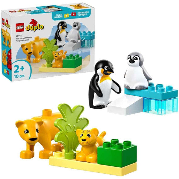Lego Duplo - Famiglie di animali: pinguini e leoni - Lego 10442 con 2 habitat in mattoncini e 4 animali 10pz Anni 2+